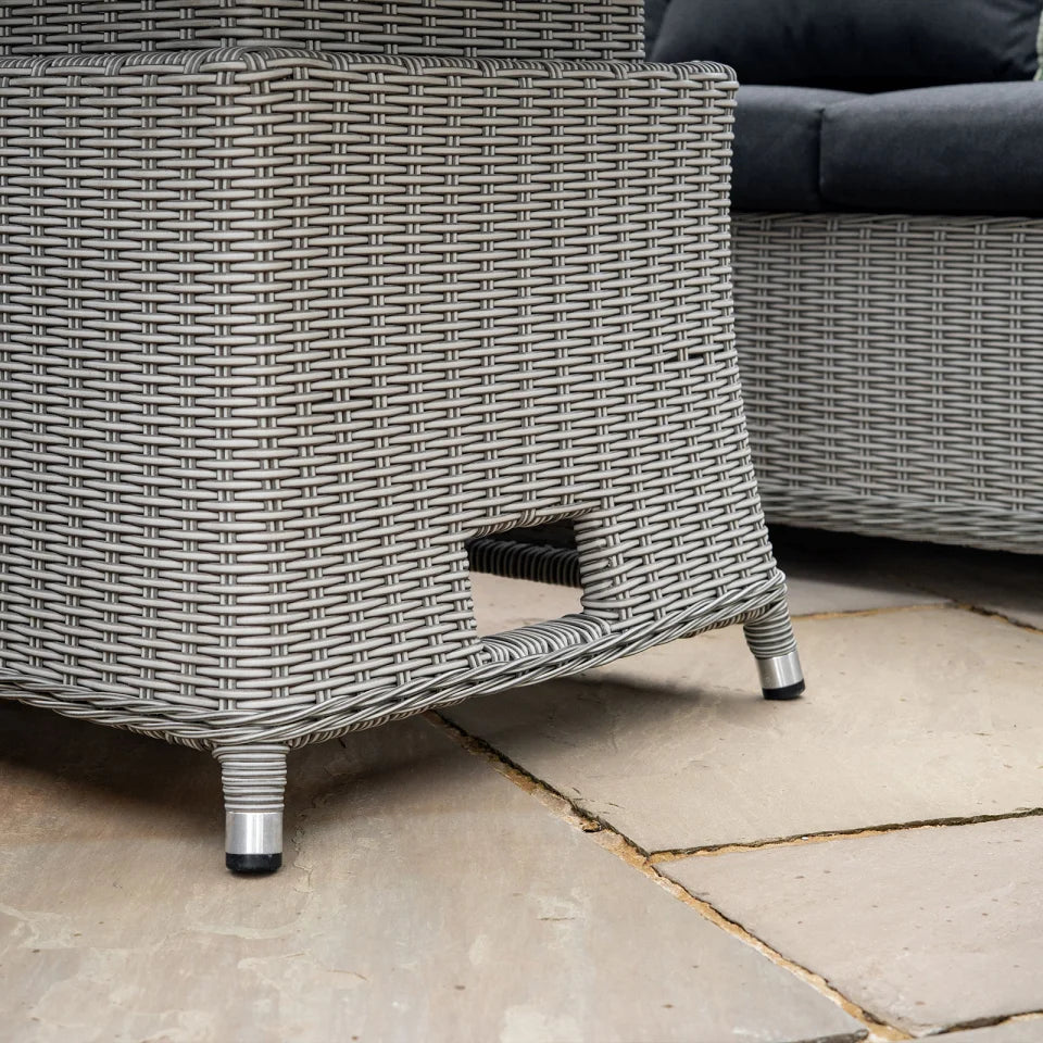 Talia 3 Seater Rattan Lounge Dining Set with 2 Armchairs and Bench - Rising Gas Fire Pit Table in White Wash