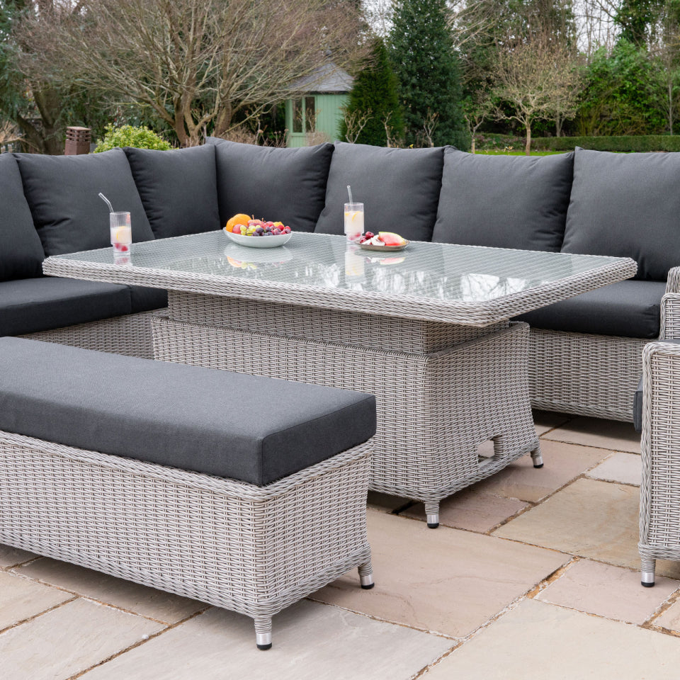 Talia L-Shaped Grande Corner Rattan Lounge Dining Set with Reclining Armchair and Bench - Left Handed Rising Table in White Wash