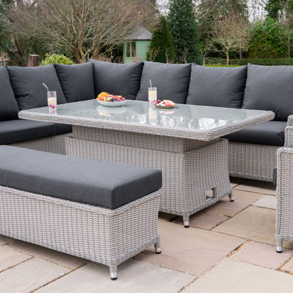 Talia L-Shaped Grande Corner Rattan Lounge Dining Set with Reclining Armchair and Bench - Left Handed Rising Table in White Wash