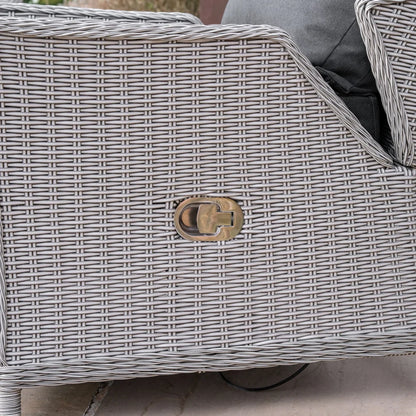 Talia L-Shaped Grande Corner Rattan Lounge Dining Set with Reclining Armchair and Bench - Left Handed Rising Table in White Wash
