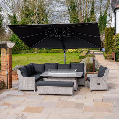 Talia L-Shaped Grande Corner Rattan Lounge Dining Set with Reclining Armchair and Bench - Left Handed Rising Gas Fire Pit Table in White Wash