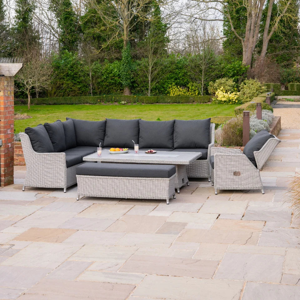 Talia L-Shaped Grande Corner Rattan Lounge Dining Set with Reclining Armchair and Bench - Left Handed Rising Gas Fire Pit Table in White Wash