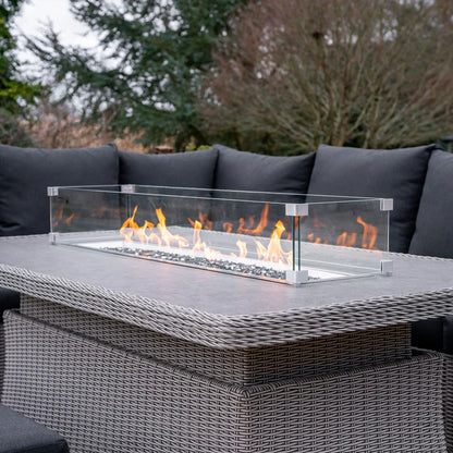 Talia L-Shaped Grande Corner Rattan Lounge Dining Set with Reclining Armchair and Bench - Left Handed Rising Gas Fire Pit Table in White Wash