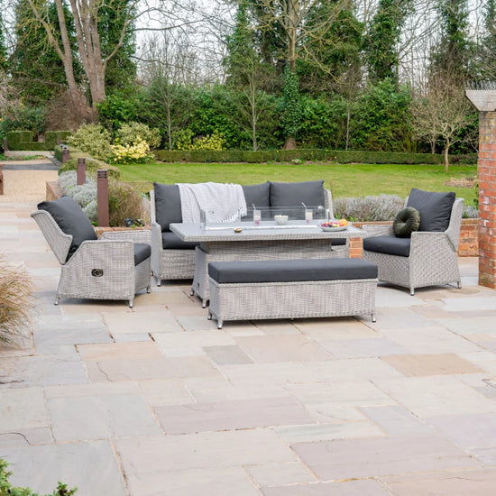 Talia 3 Seater Grande Rattan Lounge Dining Set with 2 Reclining Armchairs and Bench - Rising Gas Fire Pit Table in White Wash