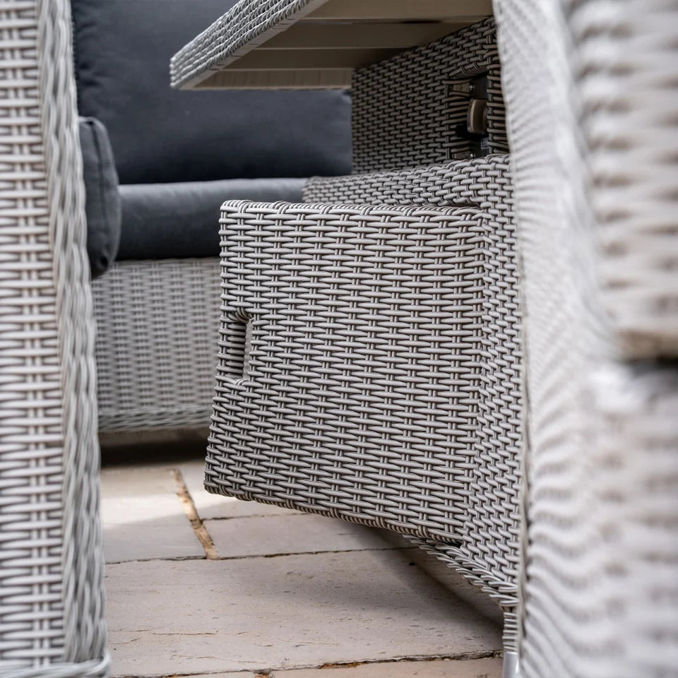 Talia 3 Seater Grande Rattan Lounge Dining Set with 2 Reclining Armchairs and Bench - Rising Gas Fire Pit Table in White Wash