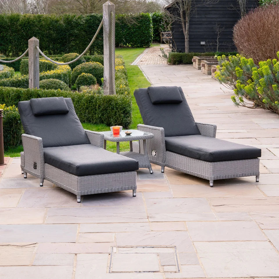 Talia Rattan Grande Reclining Sun Lounger Set of 2 and Side Table in White Wash