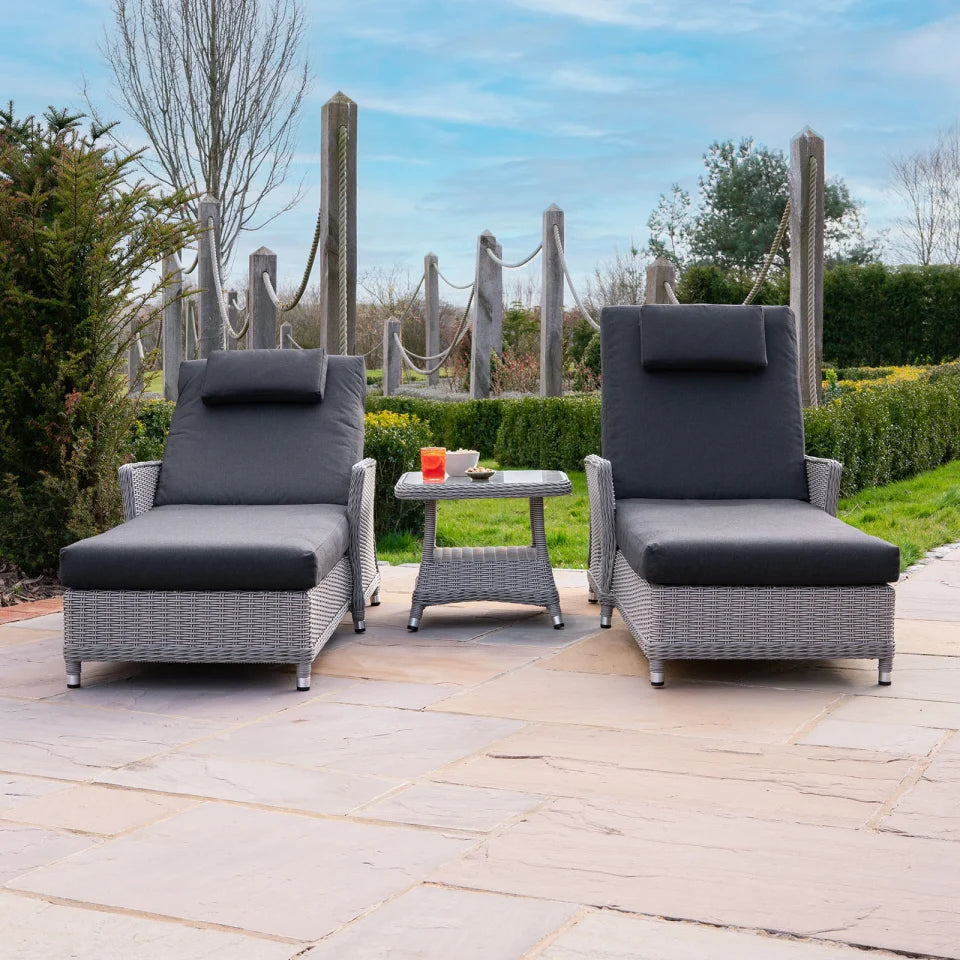 Talia Rattan Grande Reclining Sun Lounger Set of 2 and Side Table in White Wash