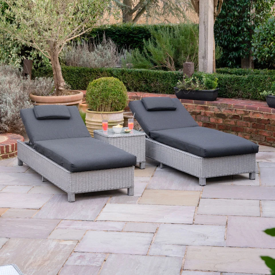 Talia Rattan Sun Lounger Set of 2 and Side Table in White Wash