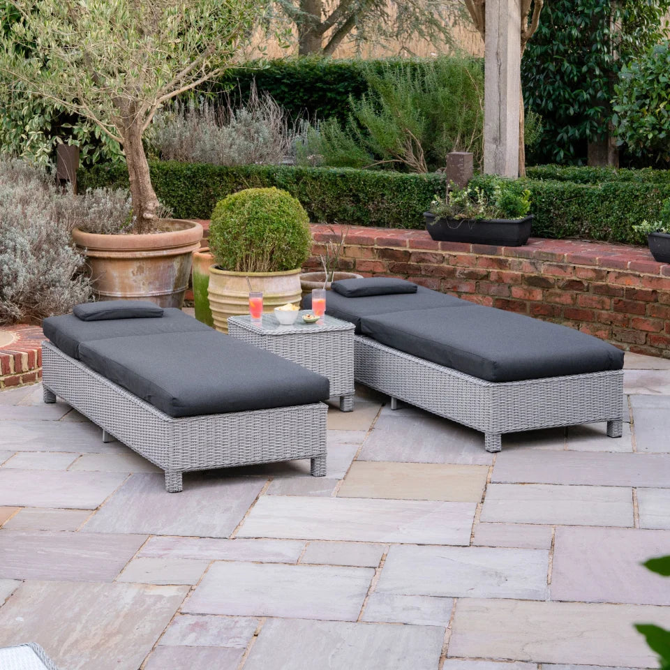 Talia Rattan Sun Lounger Set of 2 and Side Table in White Wash