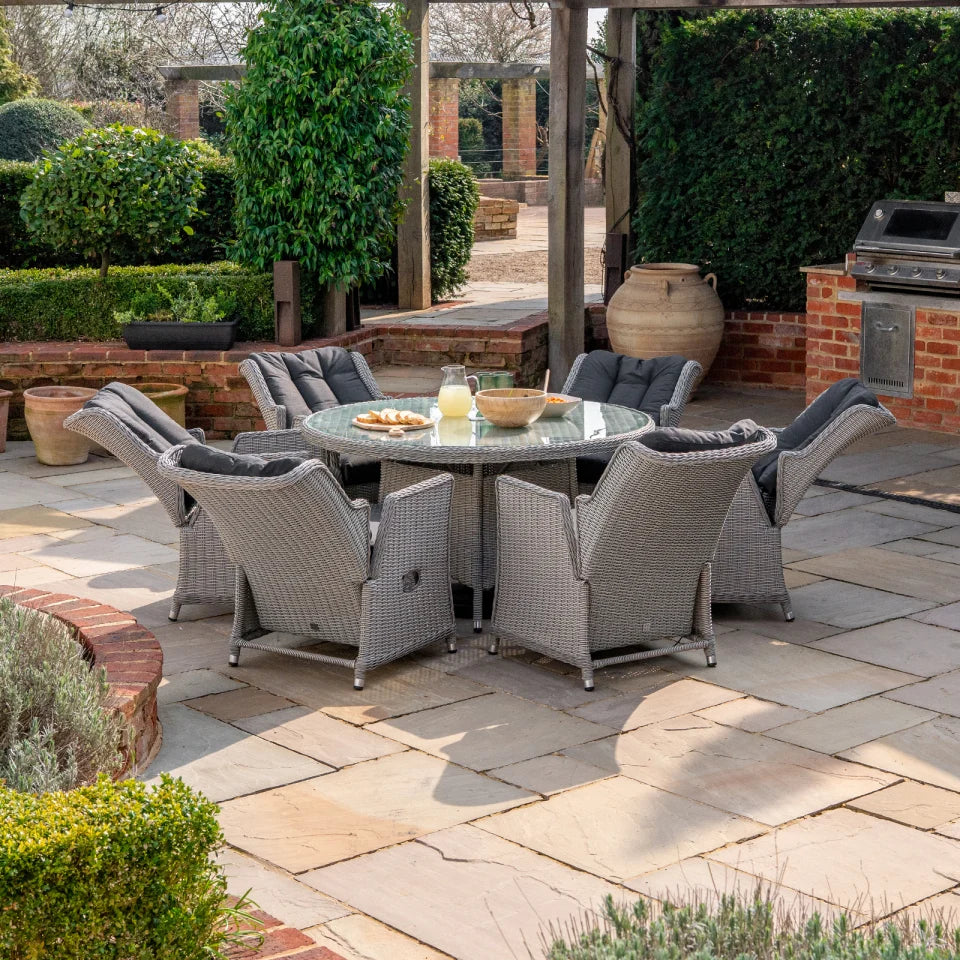 Talia 6 Seat Rattan Reclining Dining Set - Round Table in White Wash