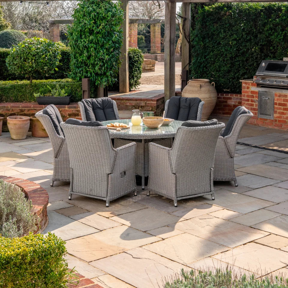 Talia 6 Seat Rattan Reclining Dining Set - Round Table in White Wash