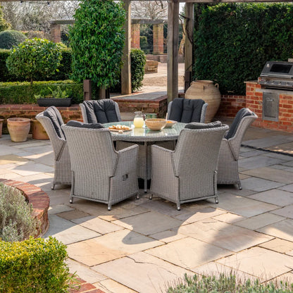Talia 6 Seat Rattan Reclining Dining Set - Round Table in White Wash