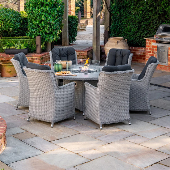 Talia 6 Seat Rattan Dining Set - Round Gas Fire Pit Table in White Wash