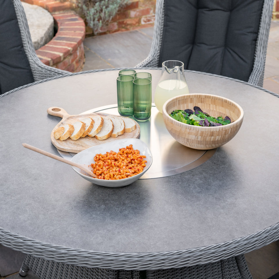 Talia 6 Seat Rattan Dining Set - Round Gas Fire Pit Table in White Wash