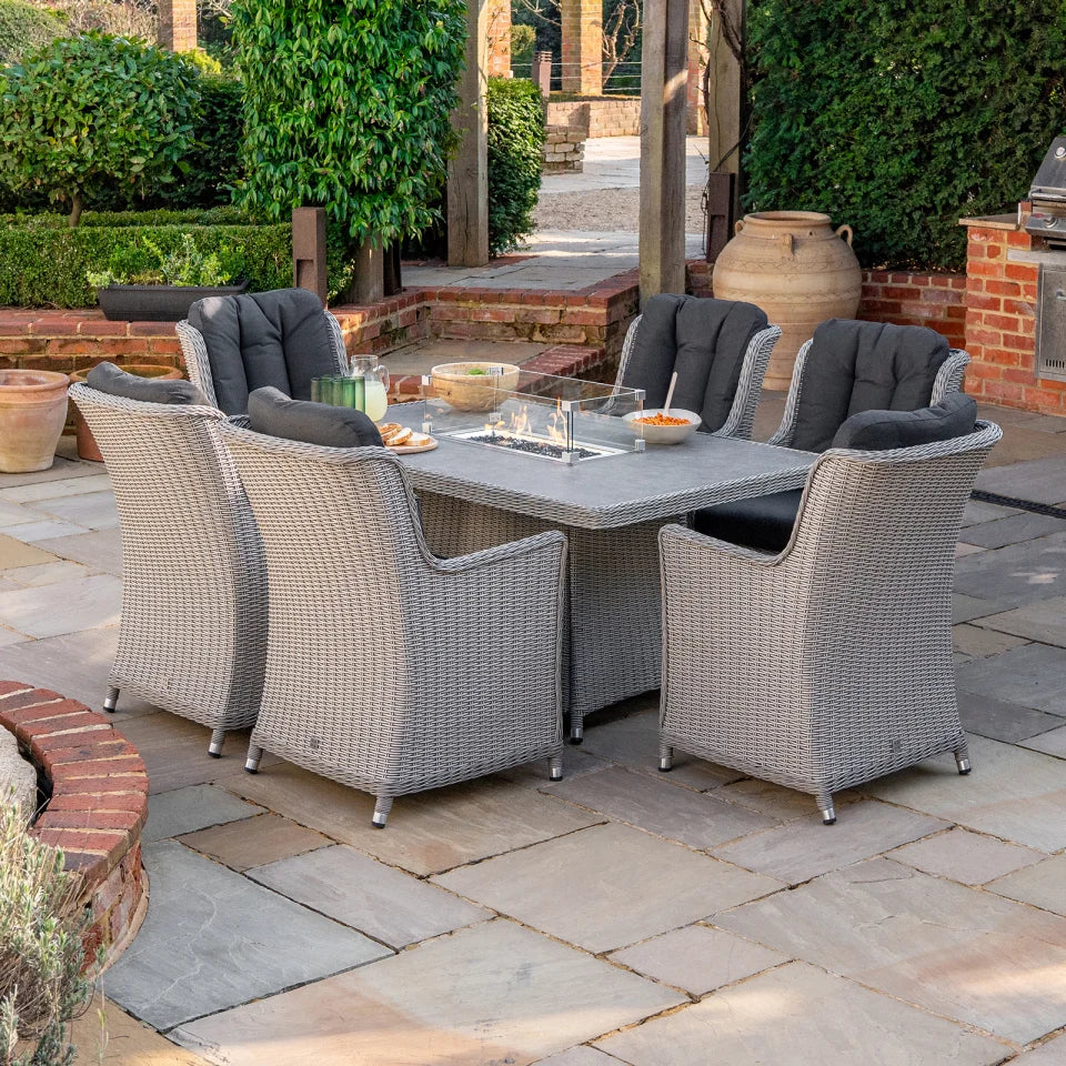 Talia 6 Seat Rattan Dining Set - Rectangular Gas Fire Pit Table in White Wash