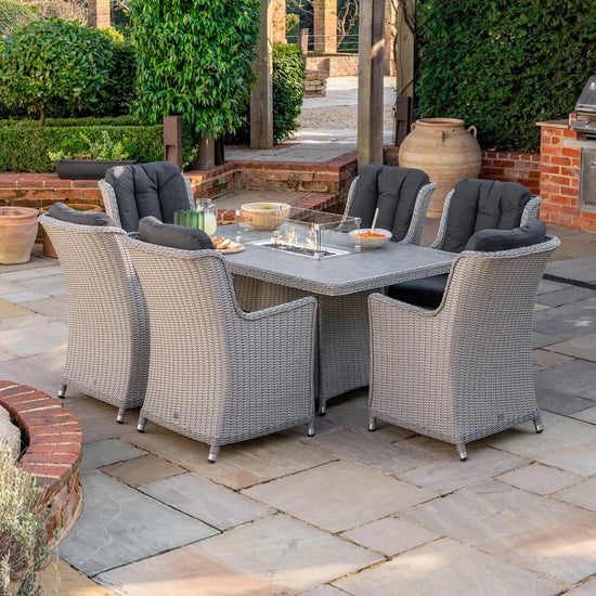 Talia 6 Seat Rattan Dining Set - Rectangular Gas Fire Pit Table in White Wash