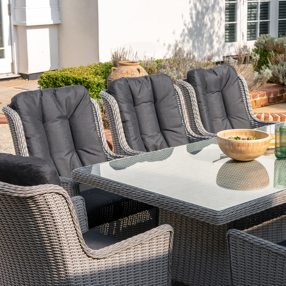 Talia 8 Seat Rattan Reclining Dining Set - Rectangular Table in White Wash