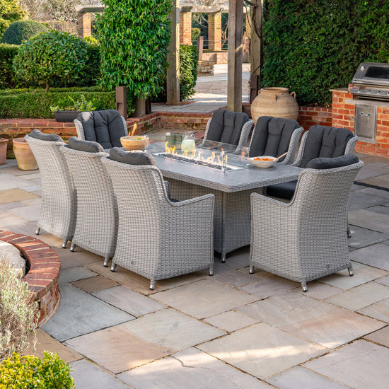 Talia 8 Seat Rattan Dining Set - Rectangular Gas Fire Pit Table in White Wash