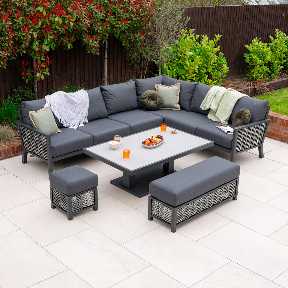 Caleb L-Shaped Corner Rattan Aluminium Lounge Dining Set with Bench and Stool - Adjustable Rising Light Grey Table in Dapple Grey