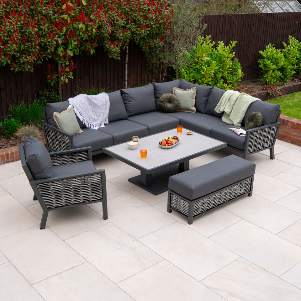 Caleb L-Shaped Corner Rattan Aluminium Lounge Dining Set with Armchair and Bench - Adjustable Rising Light Grey Table in Dapple Grey