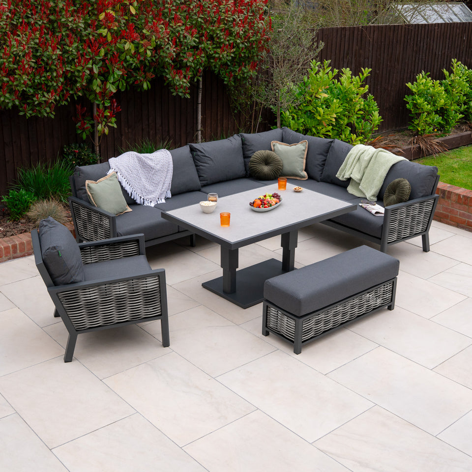 Caleb L-Shaped Corner Rattan Aluminium Lounge Dining Set with Armchair and Bench - Adjustable Rising Light Grey Table in Dapple Grey