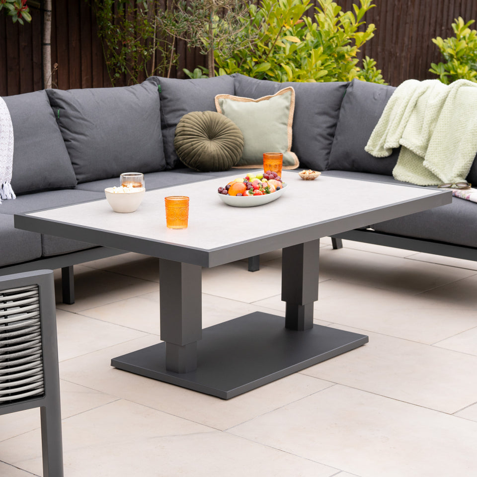 Caleb L-Shaped Corner Rattan Aluminium Lounge Dining Set with Armchair and Bench - Adjustable Rising Light Grey Table in Dapple Grey
