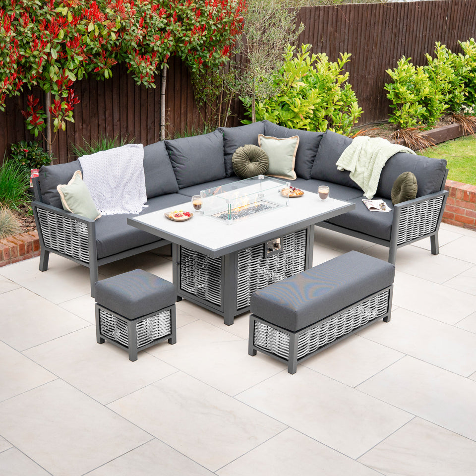 Caleb L-Shape Corner Rattan Aluminium Lounge Dining Set with Bench and Stool - Gas Fire Pit Light Grey Table in Dapple Grey
