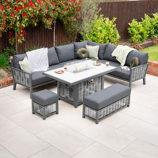 Caleb L-Shape Corner Rattan Aluminium Lounge Dining Set with Bench and Stool - Gas Fire Pit Light Grey Table in Dapple Grey