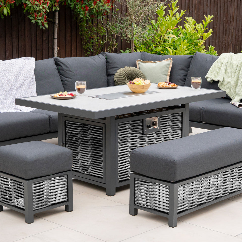 Caleb L-Shape Corner Rattan Aluminium Lounge Dining Set with Bench and Stool - Gas Fire Pit Light Grey Table in Dapple Grey