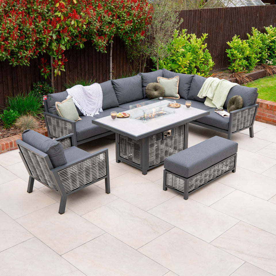 Caleb L-Shape Corner Rattan Aluminium Lounge Dining Set with Armchair and Bench - Gas Fire Pit Light Grey Table in Dapple Grey