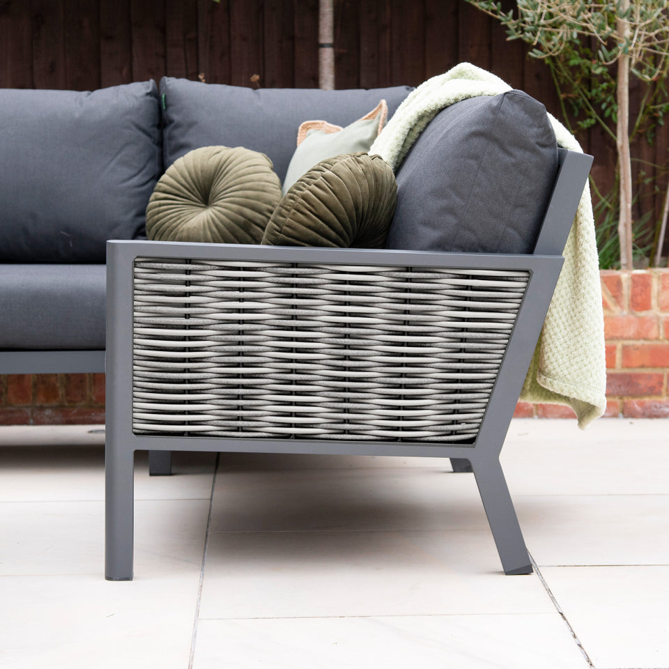 Caleb L-Shape Corner Rattan Aluminium Lounge Dining Set with Armchair and Bench - Gas Fire Pit Light Grey Table in Dapple Grey