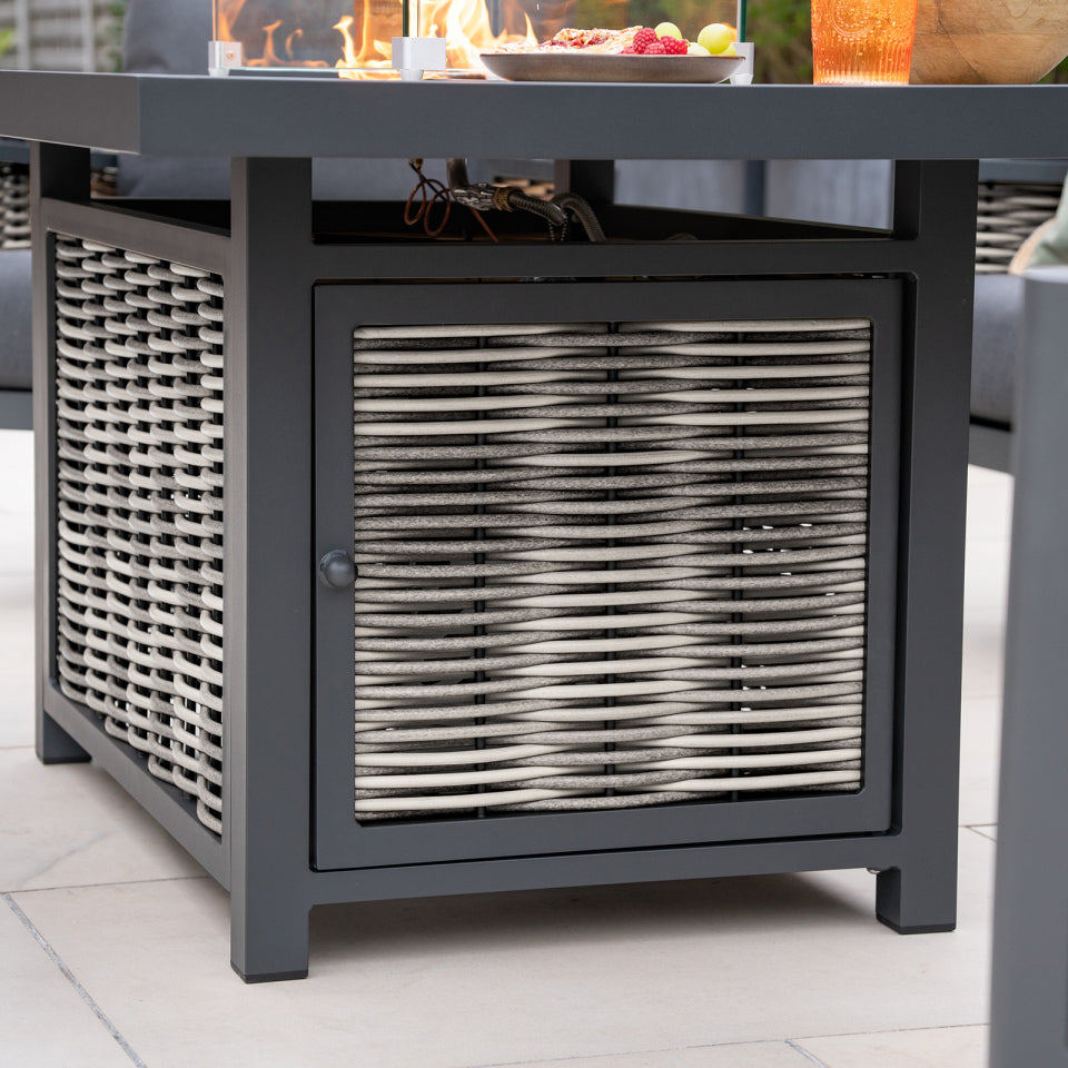 Caleb L-Shape Corner Rattan Aluminium Lounge Dining Set with Armchair and Bench - Gas Fire Pit Light Grey Table in Dapple Grey