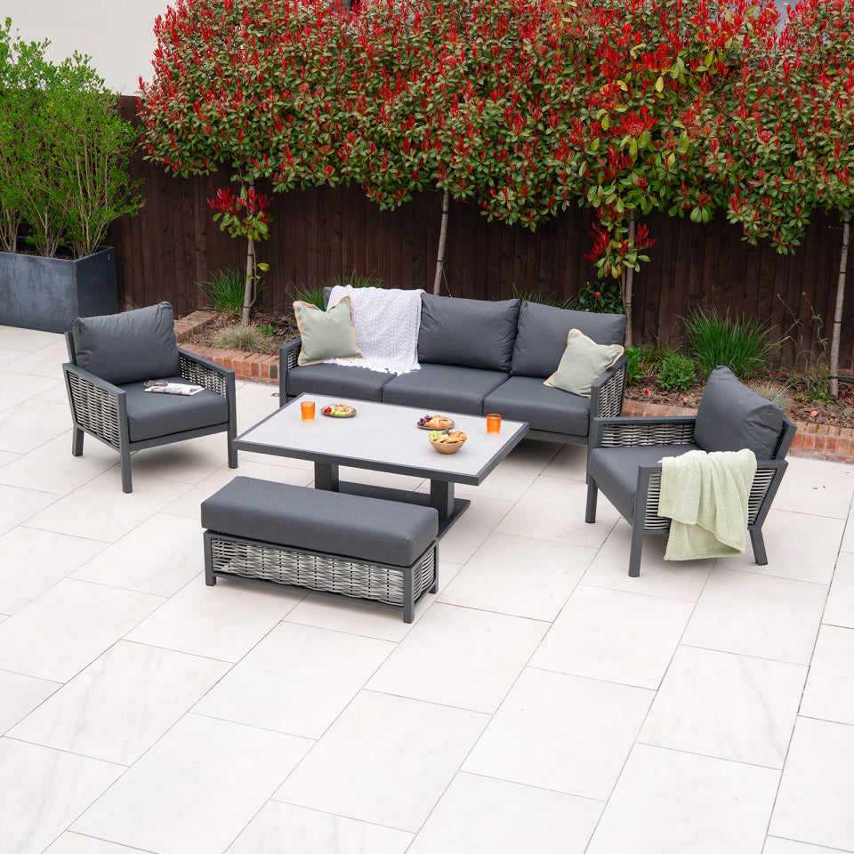 Caleb 3 Seater Rattan Aluminium Lounge Dining Set with 2 Armchairs and Bench - Adjustable Rising Light Grey Table in Dapple Grey
