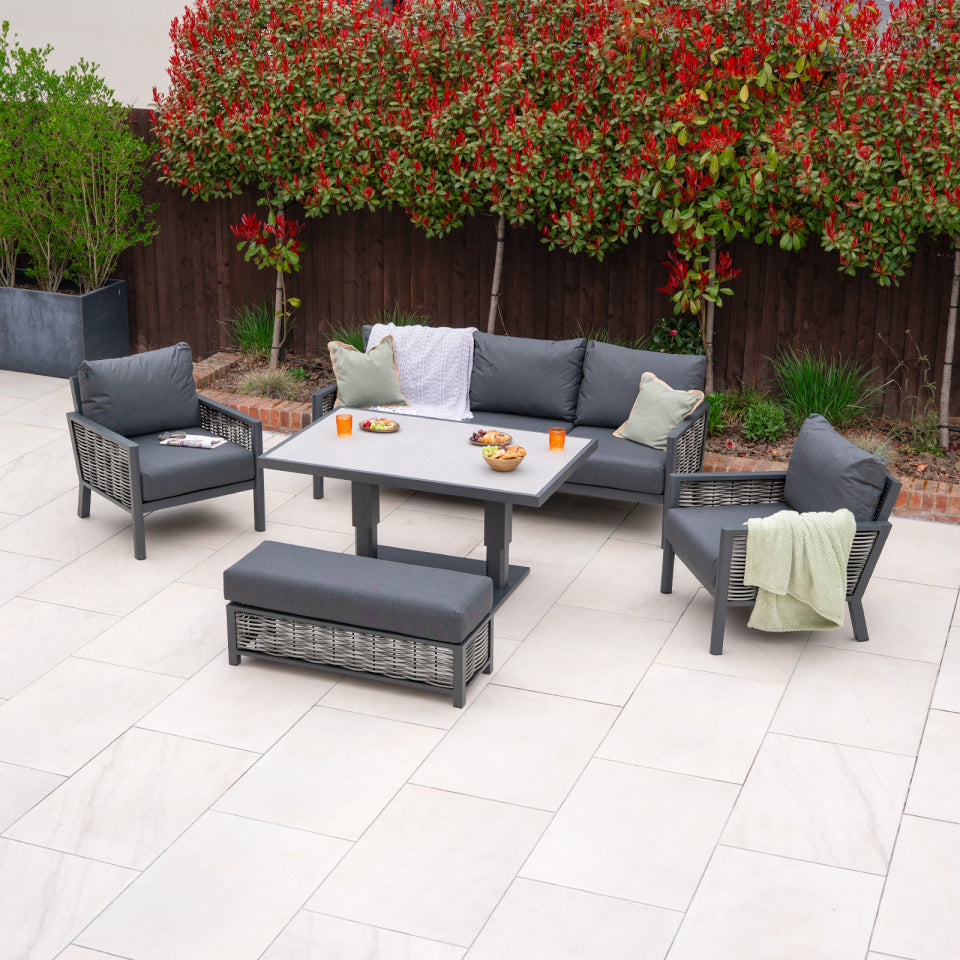 Caleb 3 Seater Rattan Aluminium Lounge Dining Set with 2 Armchairs and Bench - Adjustable Rising Light Grey Table in Dapple Grey