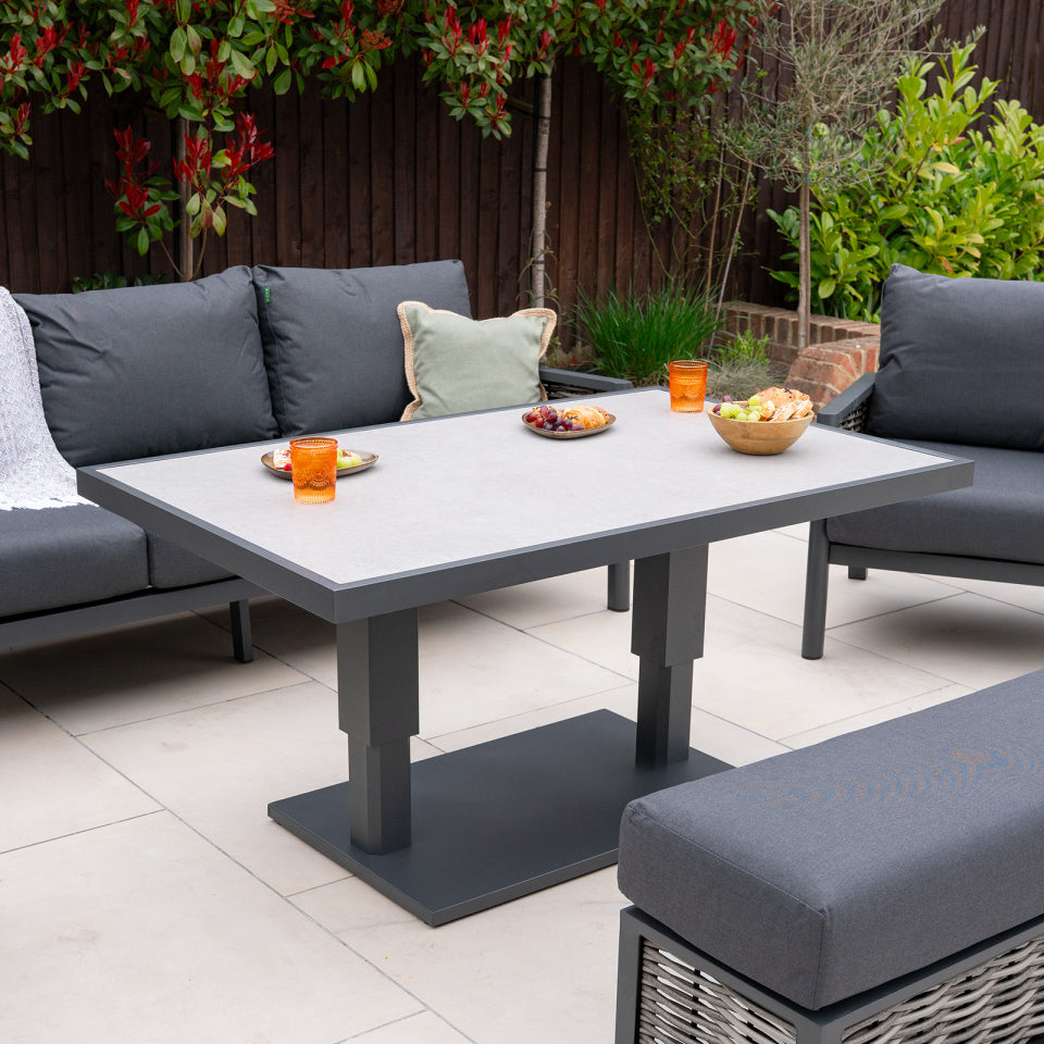 Caleb 3 Seater Rattan Aluminium Lounge Dining Set with 2 Armchairs and Bench - Adjustable Rising Light Grey Table in Dapple Grey