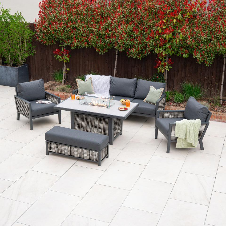 Caleb 3 Seater Rattan Aluminium Lounge Dining Set with 2 Armchairs and Bench - Gas Fire Pit Light Grey Table in Dapple Grey