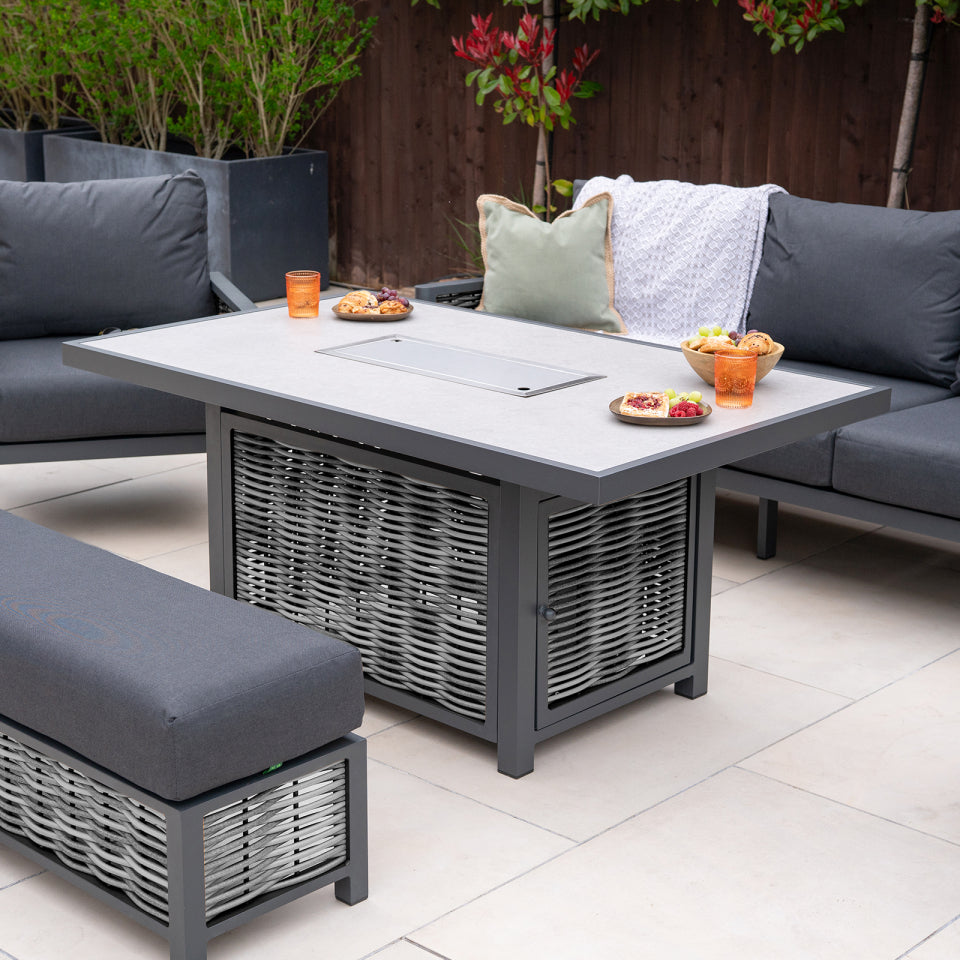 Caleb 3 Seater Rattan Aluminium Lounge Dining Set with 2 Armchairs and Bench - Gas Fire Pit Light Grey Table in Dapple Grey