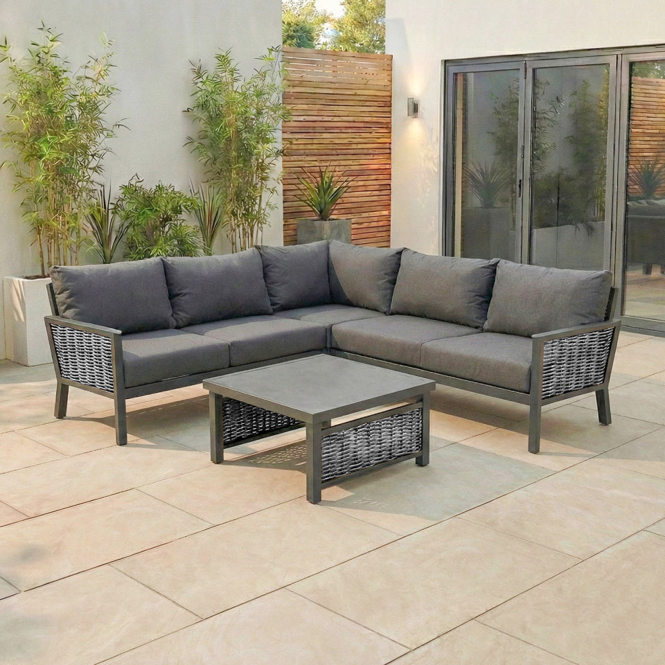 Caleb Rattan Aluminium Corner Sofa Lounging Set in Dapple Grey