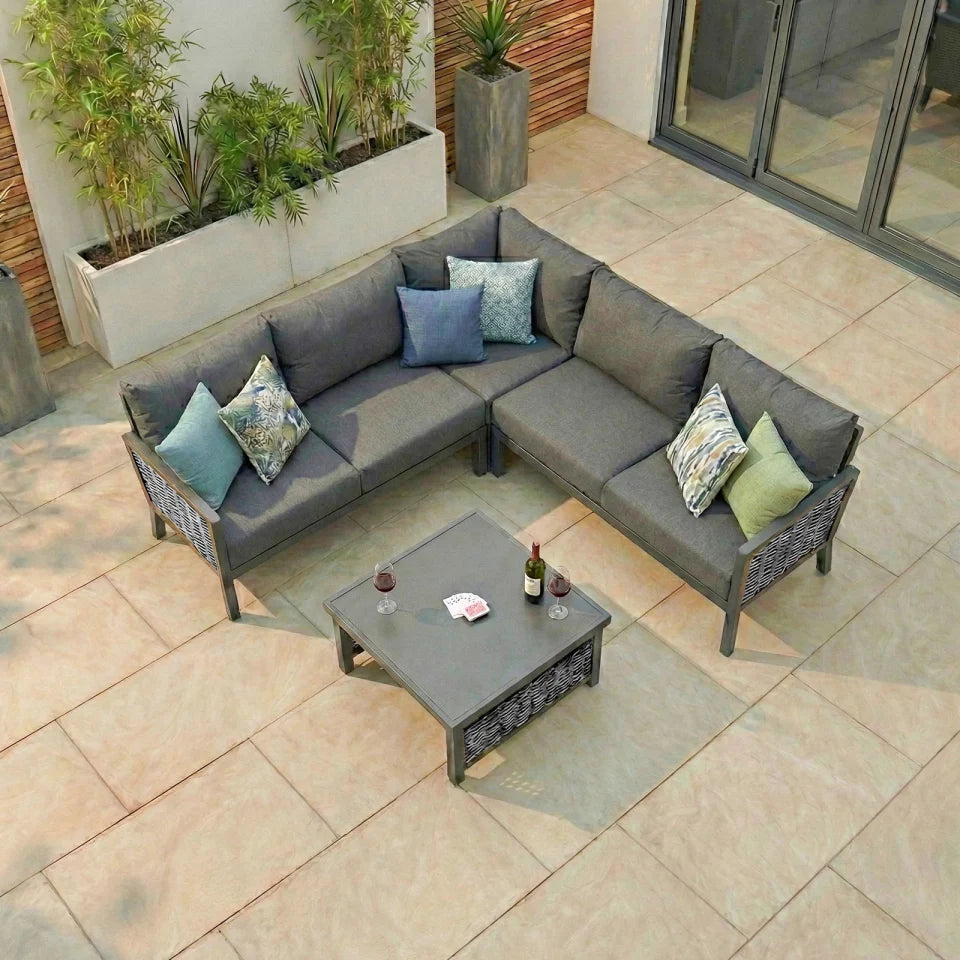 Caleb Rattan Aluminium Corner Sofa Lounging Set in Dapple Grey