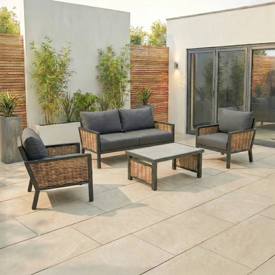 Caleb Rattan Aluminium 2 Seater Sofa Lounging Set in Palomino Beige