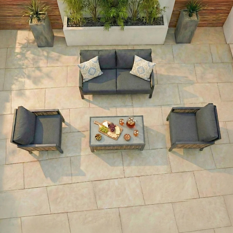 Caleb Rattan Aluminium 2 Seater Sofa Lounging Set in Palomino Beige