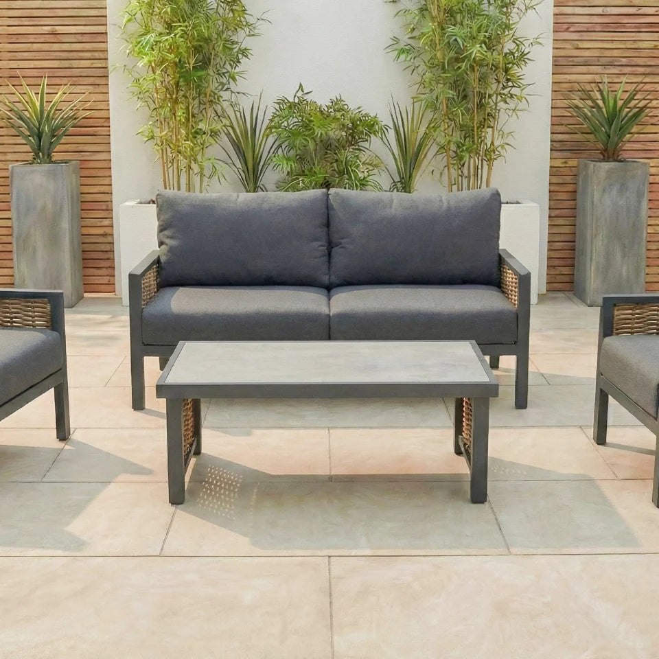 Caleb Rattan Aluminium 2 Seater Sofa Lounging Set in Palomino Beige