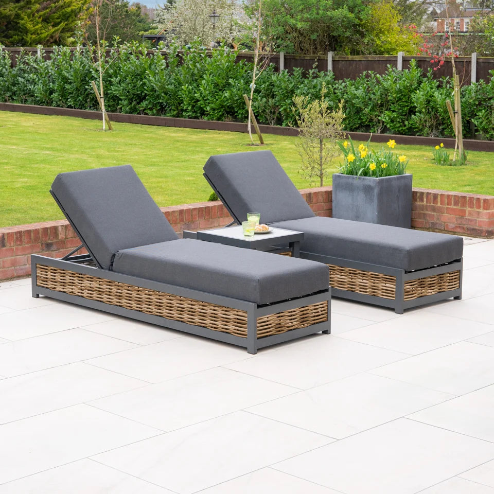 Caleb Rattan Aluminium Sun Lounger Set of 2 and Side Table in Palomino Brown