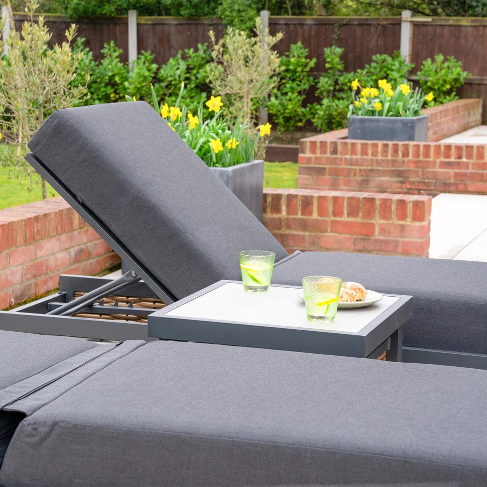 Caleb Rattan Aluminium Sun Lounger Set of 2 and Side Table in Palomino Brown