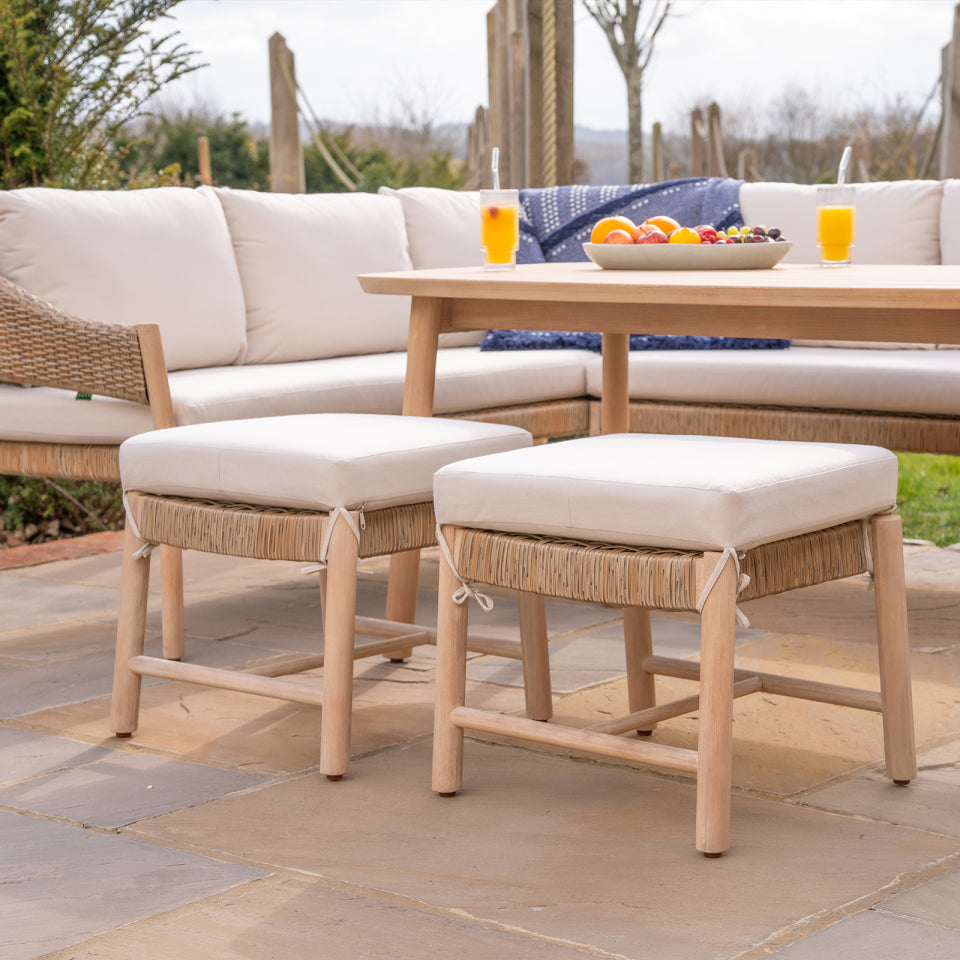 Hailey L-Shaped Corner Rattan Wood Lounge Dining Set with 2 Stools - Left Handed Standard Table in Acorn