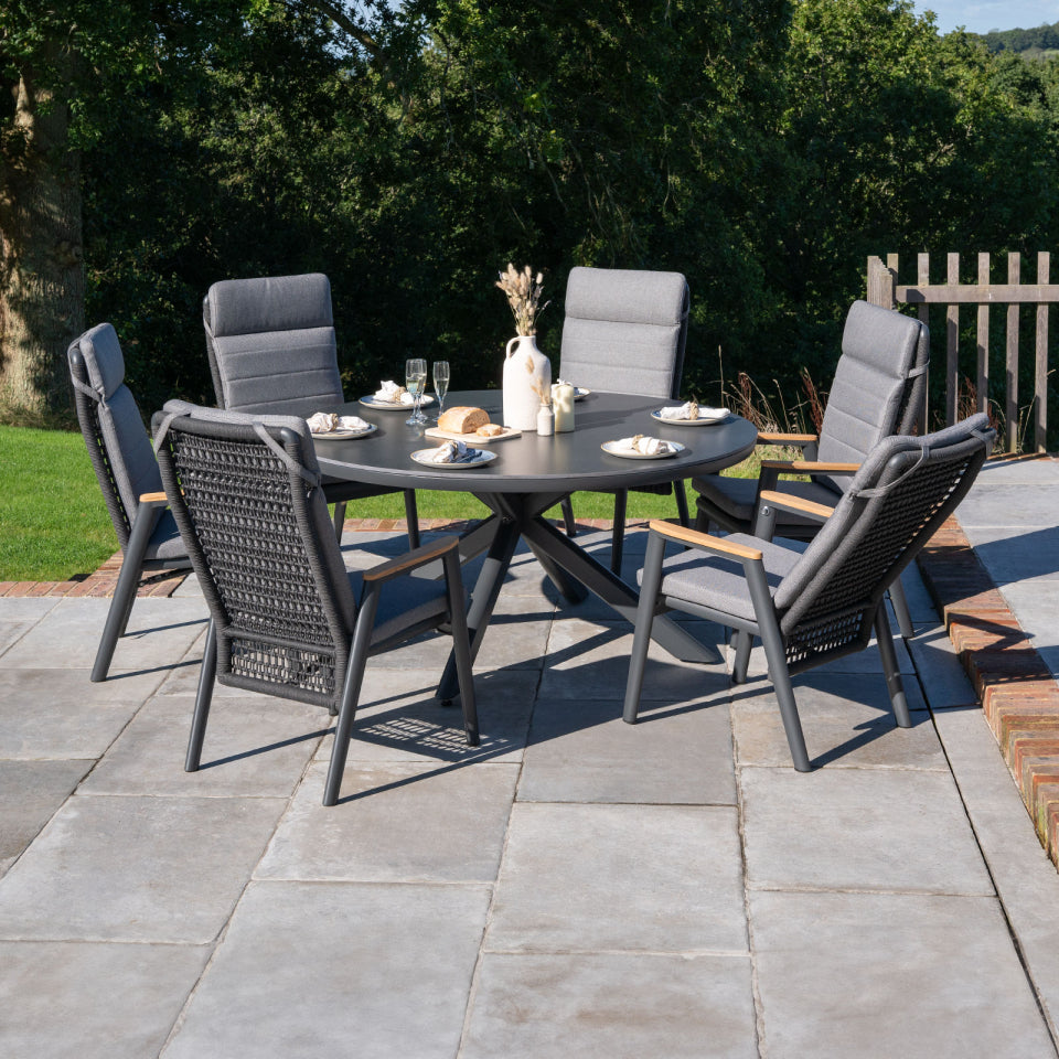 Parker 6 Seat Aluminium Rope Reclining Dining Set - Round Table in Grey
