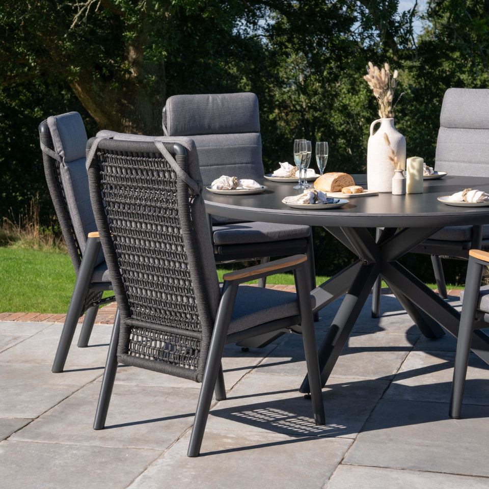 Parker 6 Seat Aluminium Rope Reclining Dining Set - Round Table in Grey