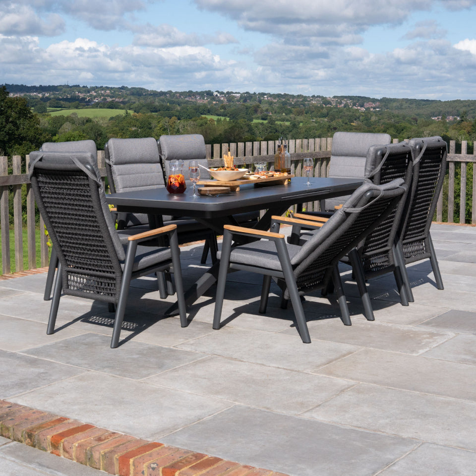 Parker 6-8 Seat Aluminium Rope Reclining Dining Set - Rectangular Extending Table in Graphite Grey