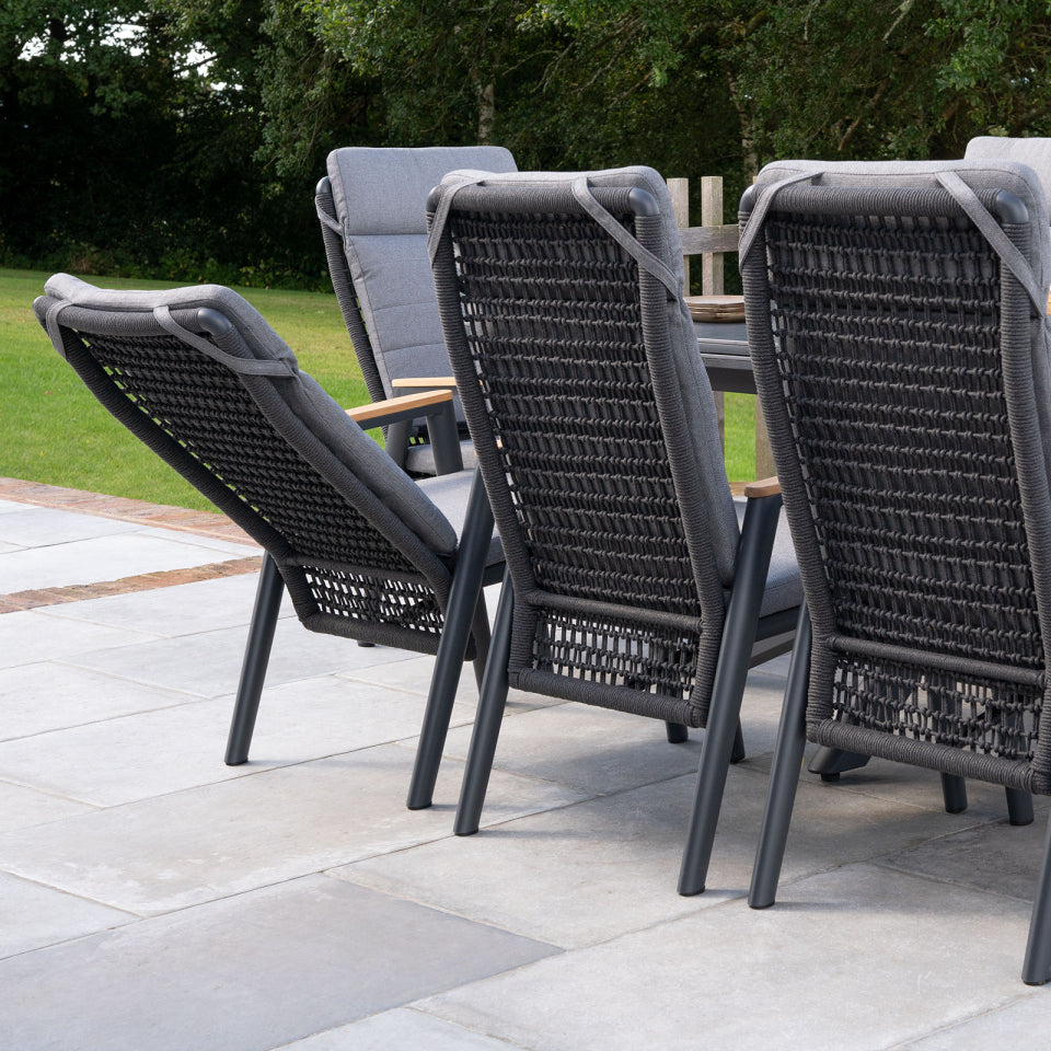 Parker 6-8 Seat Aluminium Rope Reclining Dining Set - Rectangular Extending Table in Graphite Grey