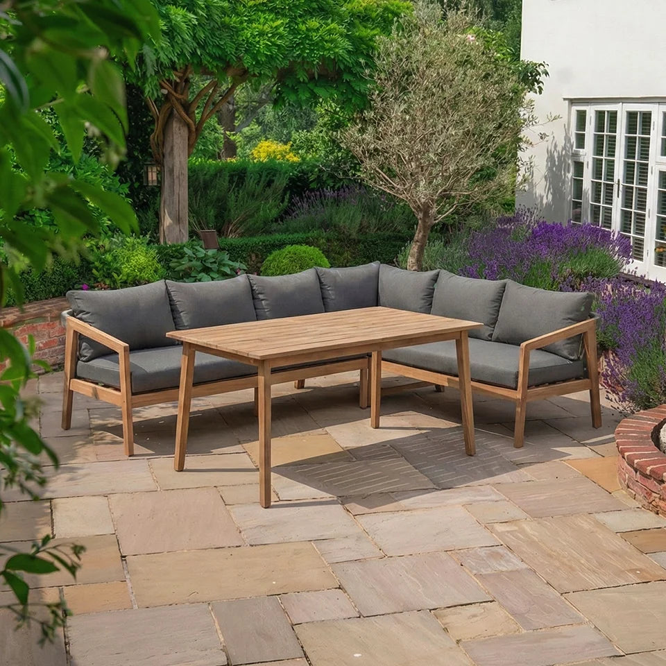 Aida L-Shaped Corner Acacia Wood Rope Lounge Dining Set - Right Handed Standard Table in Anchor Grey